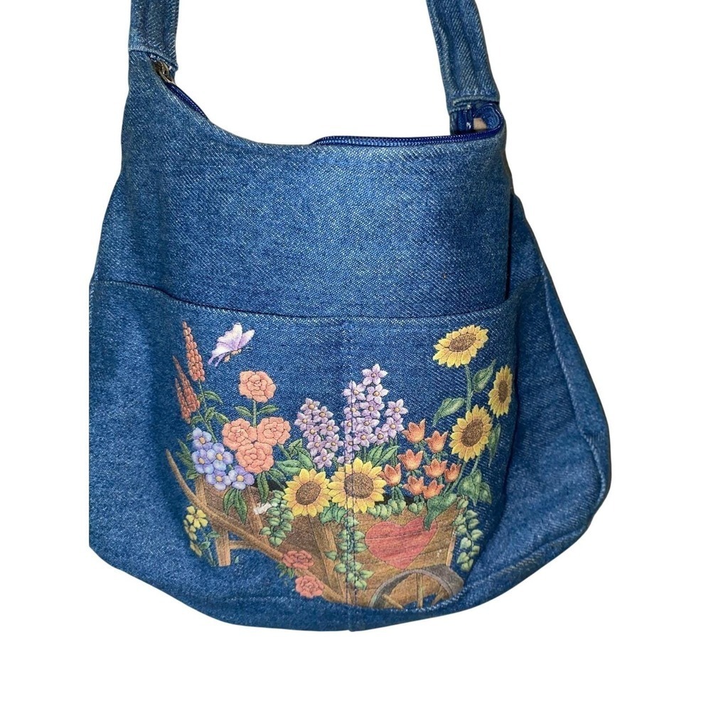 Jean Shoulder Bag Womens M Blue Denim Floral Cottagecore Hobo Handbag Vintage